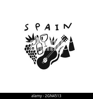 Vector hand drawn symbol of Spain. Travel illustration of Spain Signs. Hand drawn lettering illustration. Spanish landmark logo Stock Vector