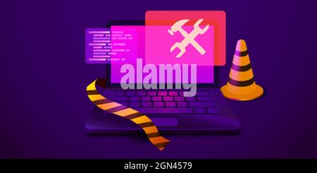 Laptop with wrench and hammer on the screen. Computer repair service, maintenance, technical support. Website is under construction. Vector illustration Stock Vector