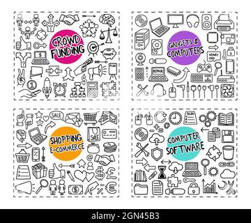 Crowd Funding, Gadgets, Computer Software, Shopping doodle icons set Stock Vector