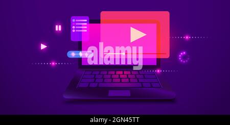 Video player on laptop screen. Multimedia concepts. Modern futuristic design graphic elements. Vector illustration Stock Vector