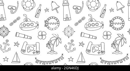Nautical style seamless wallpaper with hand drawn elements in line art style Stock Vector