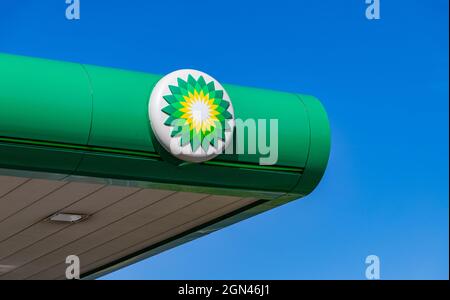 A picture of the BP logo on top of a gas station. Stock Photo