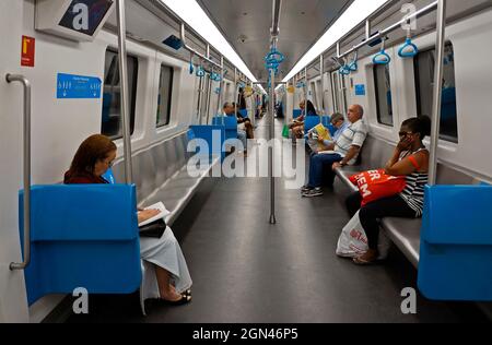 RIO DE JANEIRO, BRAZIL - AUGUST 2, 2017: Passengers in the Rio subway towards Barra da Tijuca Stock Photo