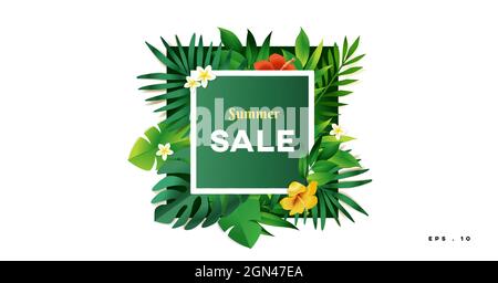 summer sale tropical background vector illustration, Exotic tropical leaves frame Lovely natural frame with tropical Stock Vector