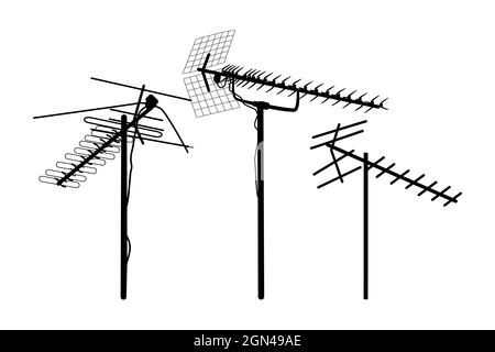 Television antenna icons set isolated on white background. Silhouettes of different television aerials. Tv antenna sign or symbol. Vector illustration Stock Vector