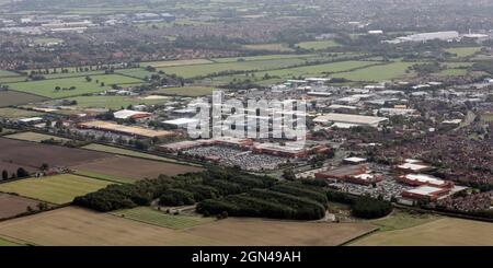 aerial view of Clifton Moor retail park & shopping centre and industrial estate, Clifton Moor Gate, York Stock Photo