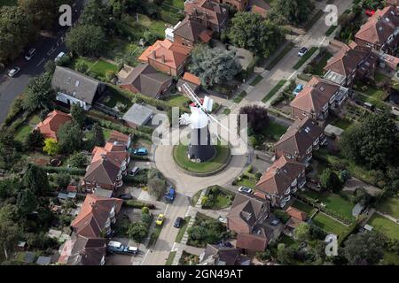 aerial view of Holgate Windmill, a tourist attraction in the middle of a housing estate in Acomb, York Stock Photo
