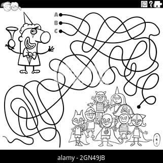 Black and white cartoon illustration of lines maze puzzle game with clown character and costume party for kids coloring book page Stock Vector