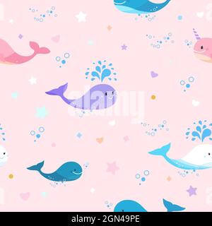 Kids pattern with blue whale and pink narwhal and stars. Cute color whale seamless pattern Stock Vector