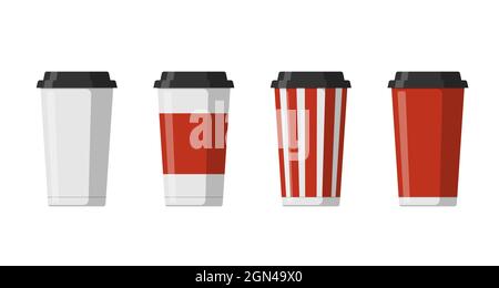 Disposable paper beverage cup templates set for coffee, mocha, latte or cappuccino with black lid. Blank white, big red, striped cardboard soft drinks packaging collection vector eps flat illustration Stock Vector