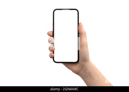 Phone in hand with white screen, isolated on a white background Stock Photo