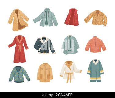 Vector set of vinter clothes. Different types of coats and jackets. Stock Vector