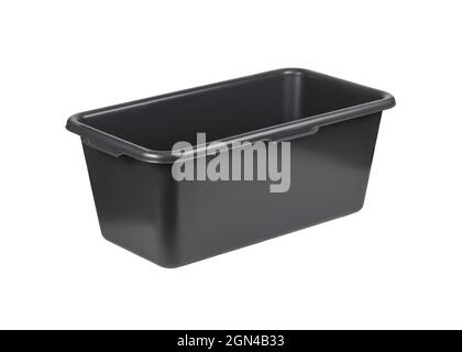 Empty black plastic container in shape of rectangle placed on white isolated background Stock Photo