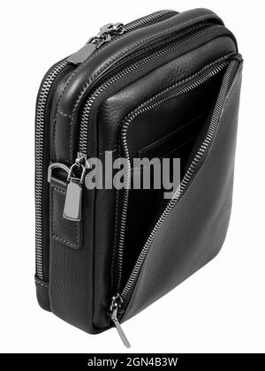 Stylish modern men black leather case with zippers and pocket isolated on white background Stock Photo