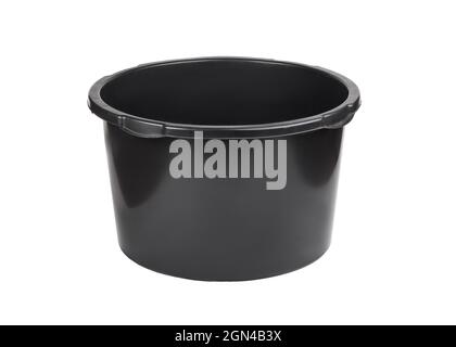 Plastic empty round shaped container of black color placed on white isolated background Stock Photo