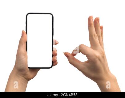 Mockup mobile phone and gesture ok isolated on a white background, concept of customer reviews and ratings, isolated on a white background Stock Photo