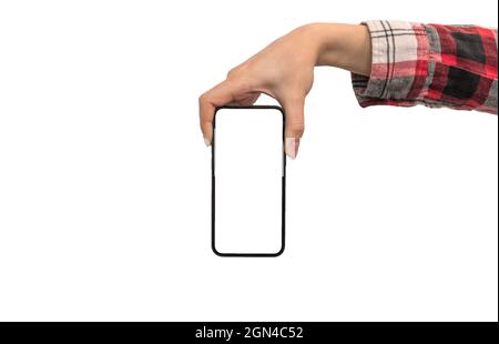 Female hand with smartphone mockup, isolated on a white background Stock Photo