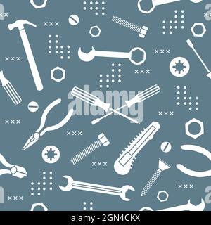 Vector seamless pattern Illustration Construction tools. Repair background. Pliers for gripping, manipulating, wrench, screwdriver, bolt, washer, nut, Stock Vector