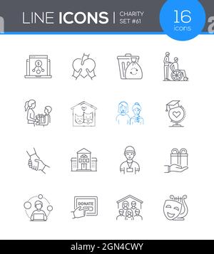 Charity - modern line design style icon set. Caring for the poor, sick, abandoned or homeless. This collection is dedicated to donation and attention Stock Vector