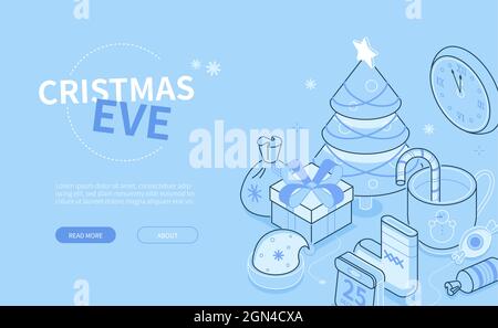 Christmas Eve - line design style isometric web banner. Miscellaneous holiday celebration symbols on blue background with text box. Present, decorated Stock Vector