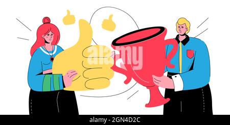 Grand Prize - colorful flat design style banner with trendy characters. The girl holds the thumb up, she is supporting the man who has got the goblet. Stock Vector