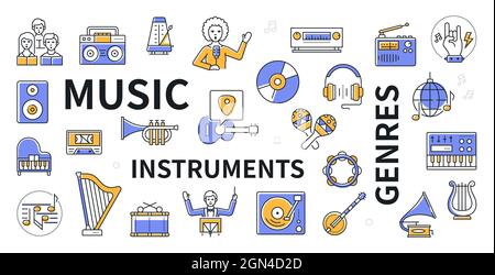 Musical instruments and genres - line design icon set in gentle blue-violet and yellow color. Separate images on one banner on the topic of music less Stock Vector