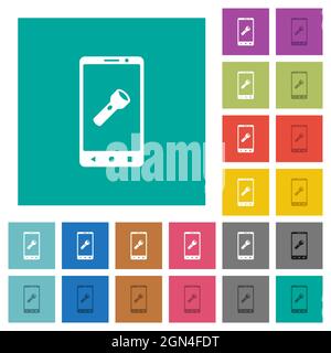 Mobile flashlight multi colored flat icons on plain square backgrounds. Included white and darker icon variations for hover or active effects. Stock Vector
