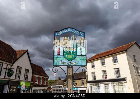 The village sign of Framlingham, Suffolk, England Stock Photo