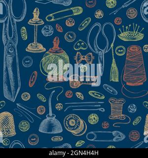 Seamless pattern with hand-drawn vintage sewing tools. Scissors, buttons, threads, needles, pins, spools, tailor meter, lace. Sketch engraving style Stock Vector