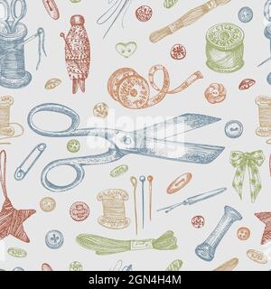 Seamless pattern with hand-drawn vintage sewing tools. Scissors, buttons, threads, needles, pins, spools, tailor meter, lace. Sketch engraving style Stock Vector