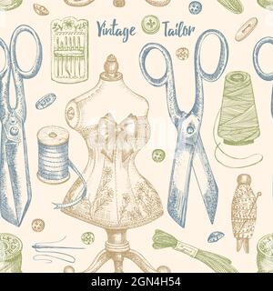 Seamless pattern with hand-drawn vintage sewing tools. Scissors, buttons, threads, needles, pins, spools, mannequin. Sketch engraving style. Retro Stock Vector