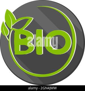 round BIO label or logo with green leaves isolated on white, vector illustration Stock Vector