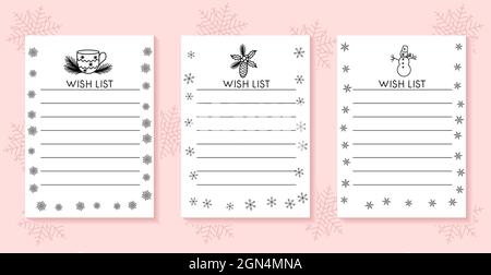 Christmas wish list templates set. Hand drawn elements. Collection of cards with desired gifts. Festive vector illustration Stock Vector