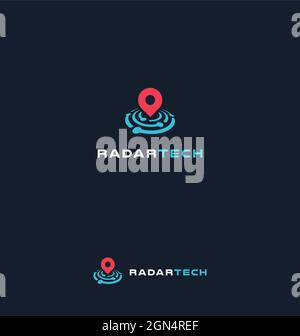 Radar tech vector logo concept, search engine, placemark icon, find companies hiring isolated logotype Stock Vector