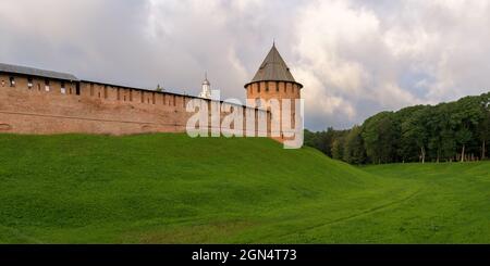 Red brick fortress walls of Kremlin of Novgorod. Veliky Novgorod, Russia Stock Photo