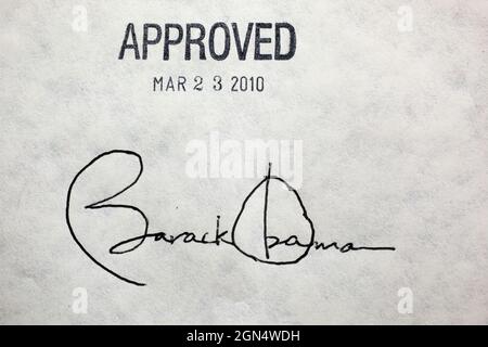March 23, 2010'After the President signed the health insurance reform bill, Robert Gibbs asked me if I could have someone take a close-up photograph of the President's signature. The President signed the bill with 22 different pens.' (Official White House Photo by Chuck Kennedy)  This official White House photograph is being made available only for publication by news organizations and/or for personal use printing by the subject(s) of the photograph. The photograph may not be manipulated in any way and may not be used in commercial or political materials, advertisements, emails, products, prom Stock Photo