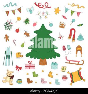 Color christmas set in doodle style. Vector illustration isolated on white background. Festive signs for stickers, gift cards or web. New year collect Stock Vector