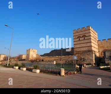 Istanbul, Turkey - January 01, 2013:   The ruins of famous ancient walls of Constantinople in Istanbul, Turkey Stock Photo