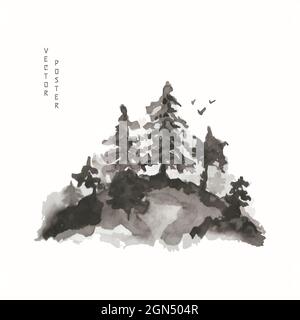 Japanese forest on the mountain. Vector illustration of watercolor trees in fog and birds. Drawing in Japanese and Chinese style.  Stock Vector