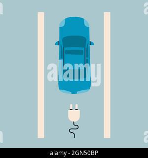 Electro car top view. Charging symbol or icon. Stock Vector