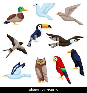 Set of stylized birds. Image of wild birds in simple style. Stock Vector