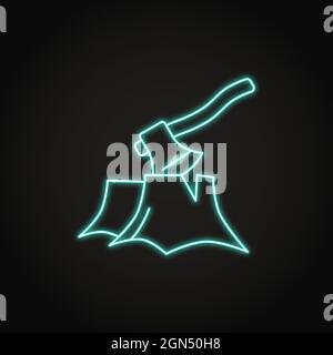 Neon logging icon in thin line style. Deforestation symbol. Tree stump and axe. Vector illustration. Stock Vector