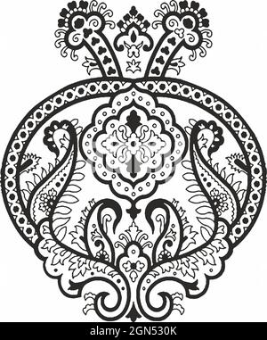 black and white original hand draw line art ornate flower design. Indian traditional style Stock Photo