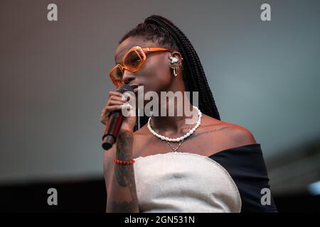 Malmoe, Sweden. 10th, September 2021. The Swedish singer and songwriter Sabina Ddumba performs a live concert at Pildammsteatern in Malmoe. (Photo credit: Gonzales Photo - Joe Miller). Stock Photo