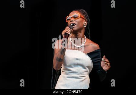 Malmoe, Sweden. 10th, September 2021. The Swedish singer and songwriter Sabina Ddumba performs a live concert at Pildammsteatern in Malmoe. (Photo credit: Gonzales Photo - Joe Miller). Stock Photo