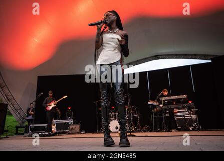 Malmoe, Sweden. 10th, September 2021. The Swedish singer and songwriter Sabina Ddumba performs a live concert at Pildammsteatern in Malmoe. (Photo credit: Gonzales Photo - Joe Miller). Stock Photo