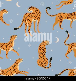 Abstract leopard pattern on Dreamy Celestial background. Vector seamless texture. Trendy Illustration Stock Vector