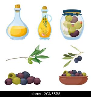 Set of olive products on white background Stock Vector