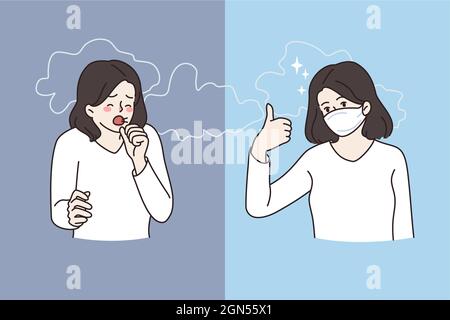 Air pollution and smoke concept. Young woman cartoon character standing coughing and wearing protective face mask against smoke vector illustration  Stock Vector