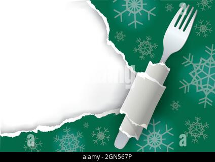 Menu Christmas green ripped paper background. Illustration of green torn paper with fork and snowflakes. Place for your text or image.Vector available Stock Vector